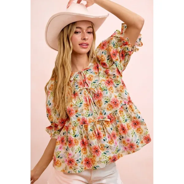 BiBi Flower‎ Printed Shirring Detail Blouse Top - Flower - Large - Image 8