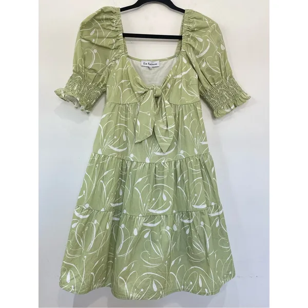 EN SAISON Idrissy Mini Dress Green Floral Puff Sleeve Bow Front Open Back Small - Image 3