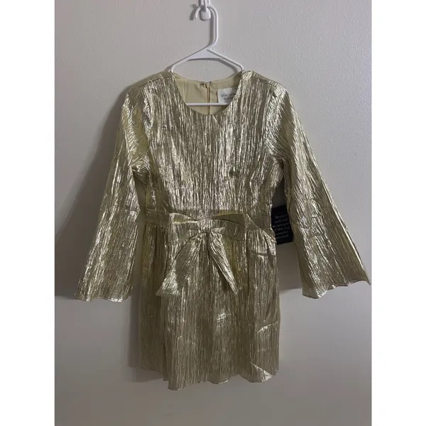 Tuckernuck Hyacinth House Gold Plisse Carol Bow Mini Dress Size Medium NEW - Image 5