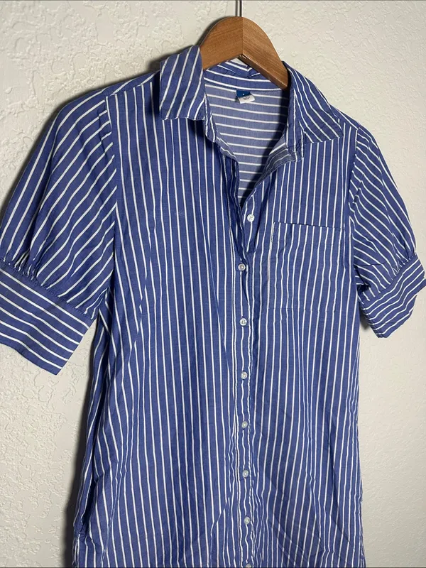 Old Navy Blue White Striped Button Front Shirt Dress Preppy Coastal Nautical - Image 2