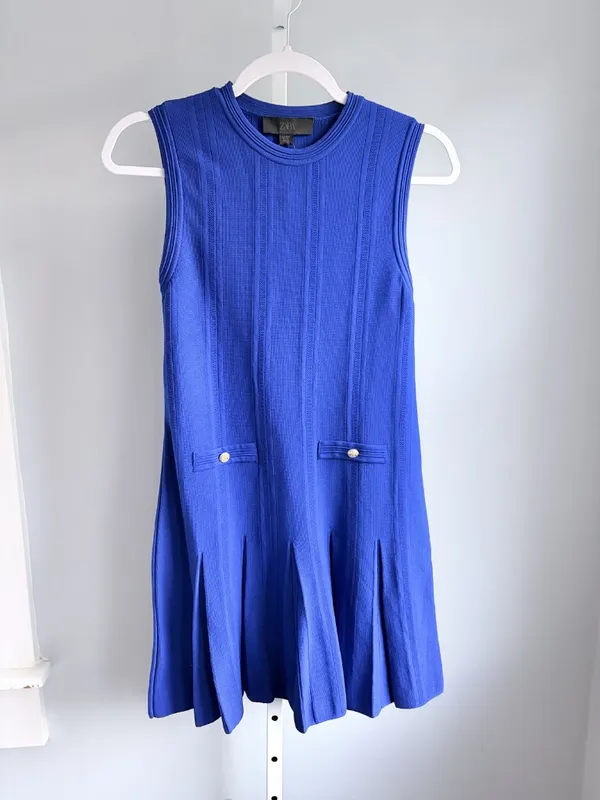 Zara Cobalt Blue Knit Sleeveless Pleated Mini Dress Mod Drop Waist Size S - Image 2