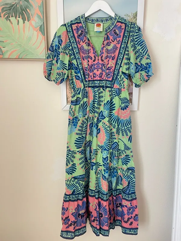 Farm Rio Short Sleeve Tiered Floral Midi Dress in Size Small Anthropologie - Image 5