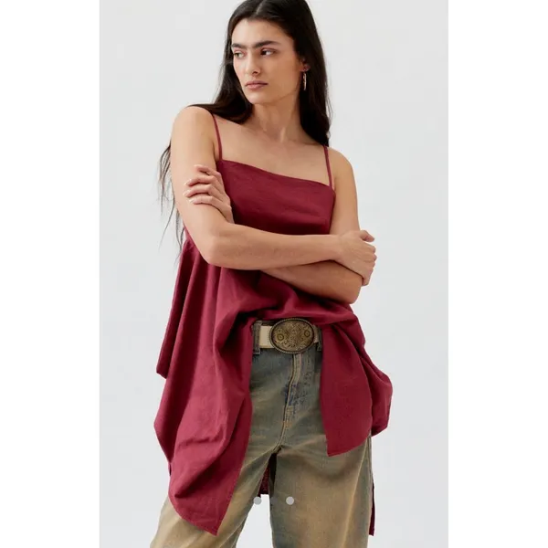 Urban Renewal Linen Ecovero Hanky‎ Hem Mini Dress Red XS festival concert boho - Image 2