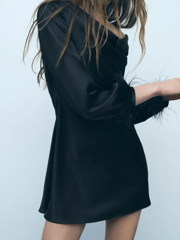 Zara Satin Effect Feather Detail Dress - Image 3