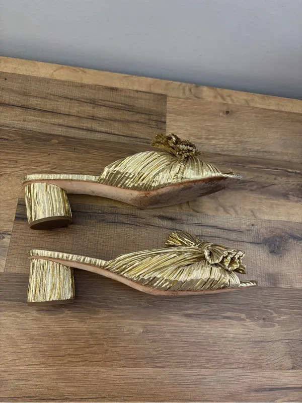 Loeffler Randall Penny Pleated Knotted Bow Heeled Mules Sandals Gold - Image 9