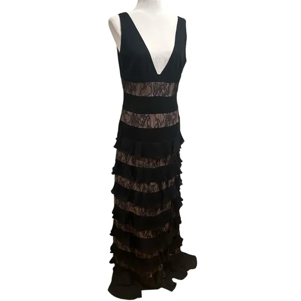ML Monique Lhuillier Black Lace Panel Tiered sleeveless Formal Gown Dress 10 - Image 5