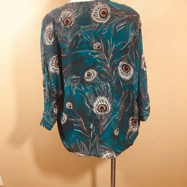 NY Collection Teal peacock feather print cardigan - Image 5