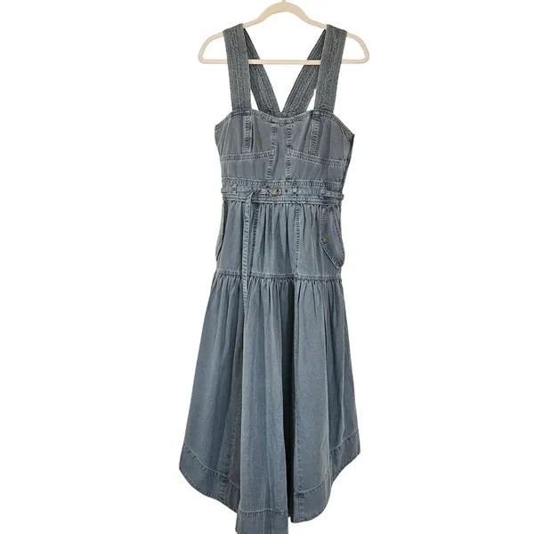 Ulla‎ Johnson Enzo Denim Dress Blue Cotton Tiered Midi Sweetheart Neck Size 4 - Image 4