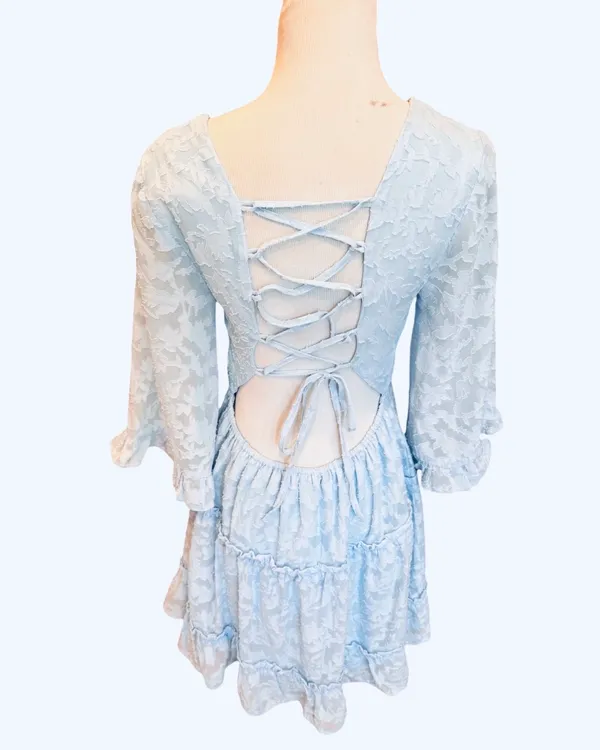 Miss Selfridge ASOS Light Blue Lace Mini Dress Lace Up Back Tiered 6 S - Image 4