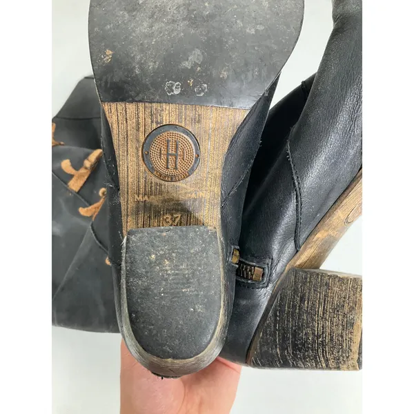 Holding Horses Black Leather Tall Boots Side Tie Boho Block Heel Size 37‎ - Image 5