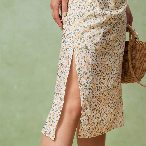 Rihoas Yellow Floral Ruched Slip Midi Dress - Image 2