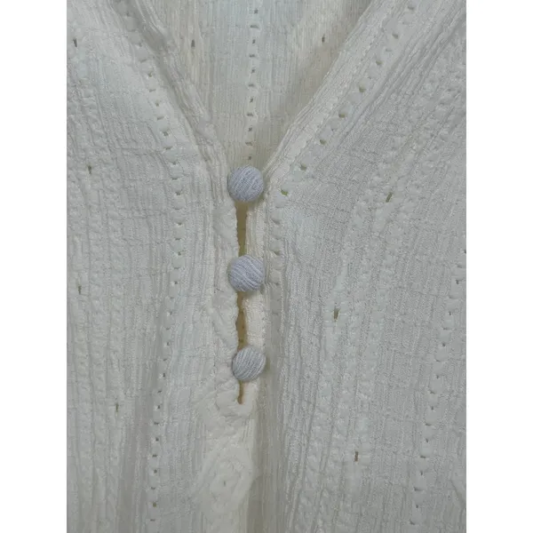 VTG Frye Pointelle Knit Blouse Women XXL Ivory Peasant Ruffle Cuff Split Neck - Image 5