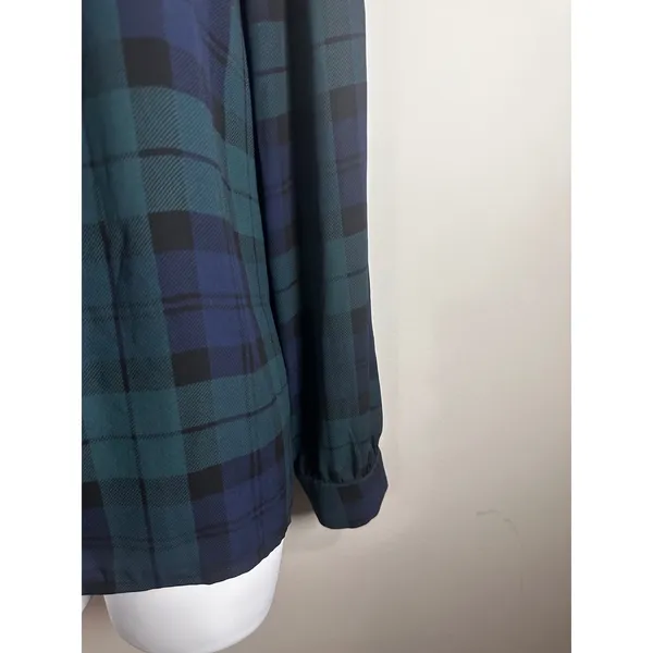 J.Crew Womens Black Watch Plaid Pleated Long Sleeve Blouse Green‎ Navy Blue M - Image 4