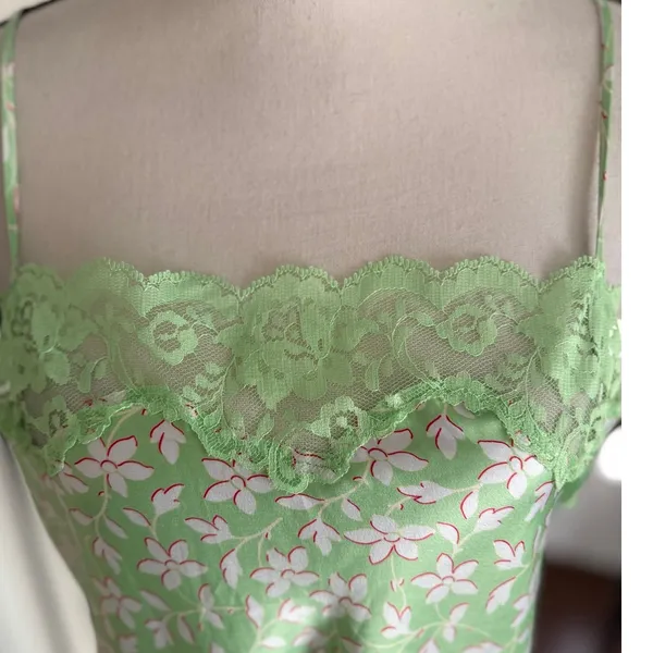 Y2K Victorias Secret Light Green Pink Floral Lace Knee Length Slit Slip - Image 4