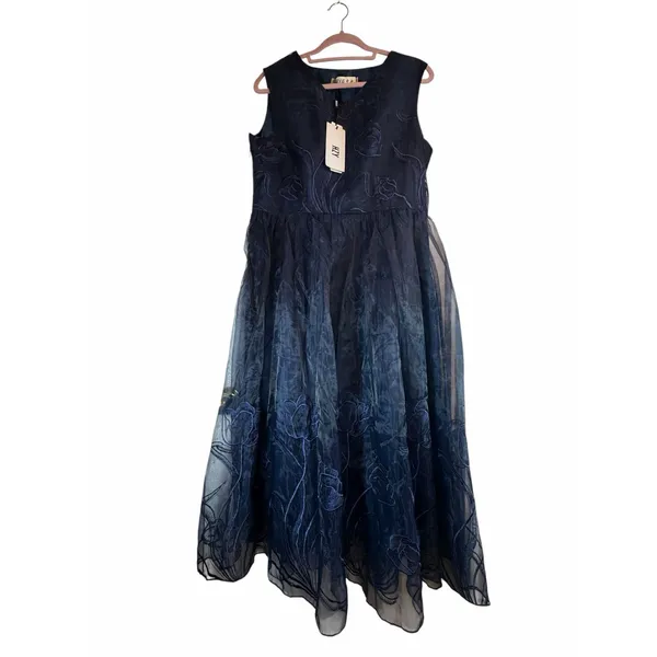 STYLEWE HZY Navy Blue Organza with Emroidered Floral Detail Dress - Image 2