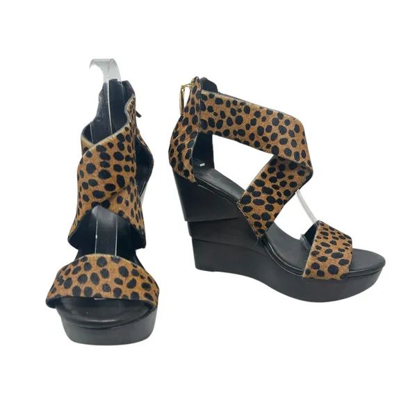 Diane von Furstenberg Opal Wedge Sandals Leopard Leather Calf Hair Brown‎ Size 8 - Image 3