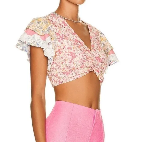 LoveShackFancy Kielle Crop Top Size Medium Pink Floral Twist Front Ruffle Sleeve - Image 2