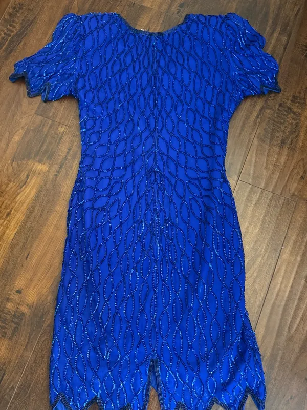 Laurence Kazar Beaded Cobalt Blue Midi Dress Silk Size Small 80’s Party Dynasty - Image 6