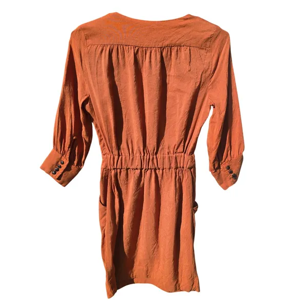 Mango Suit 34Y Burnt Orange Linen Blend V-Neck Mini Dress 3/4 Sleeve‎ Size 4 - Image 3