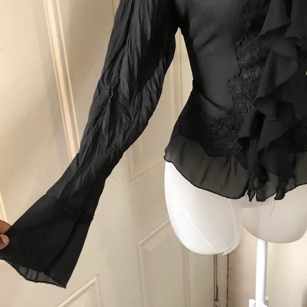 Whimsygoth gothic grunge steampunk Black lace & ruffle button shirt blouse top long flare sleeves office siren core dark academia Y2K - Image 2