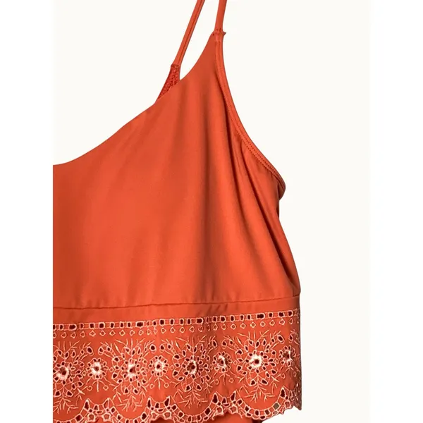 Women’s Tankini Swim Top Coral Pink Eyelet Lace Ruffle Padded Strappy 14” - Image 5