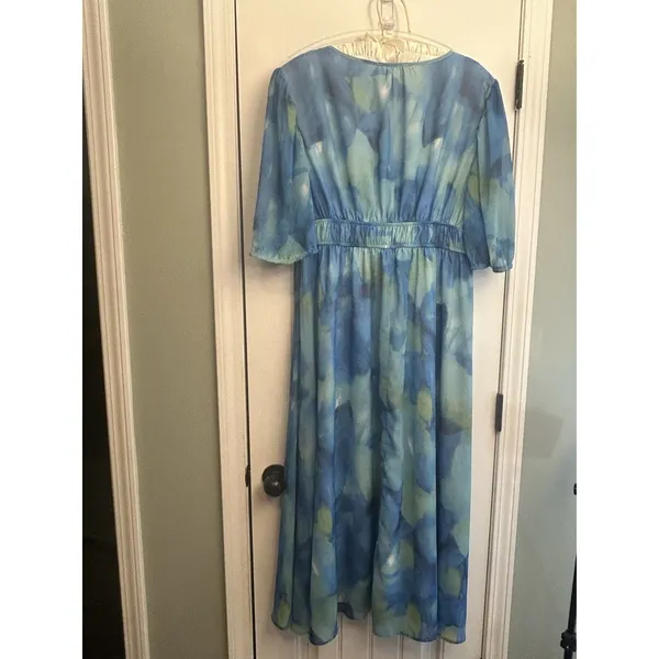 Sissyyaki Women’s XL Blue Green Watercolor Floral V Neck Empire Waist Maxi Dress - Image 10