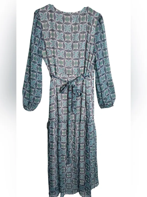 Lovestitch Rio Blue Patterned Maxi Wrap Dress Size L EUC Boho Chiffon - Image 7