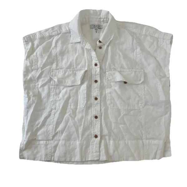 Madewell Womens Flap-Pocket Button Up Linen Shirt S Eyelet White Quiet Luxury - Image 3
