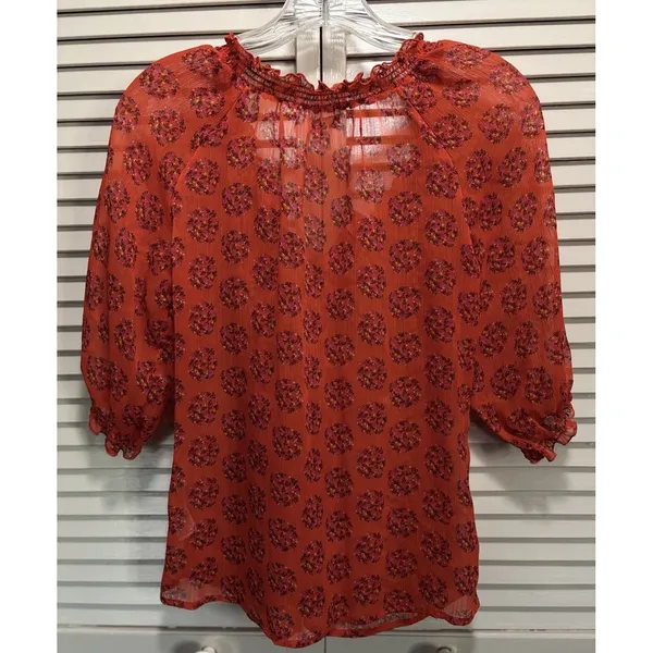 Old Navy Blouse Size‎ XS Orange/Purple Floral Tie/Smocked Neck 1/2 Puff Sl Sheer - Image 7