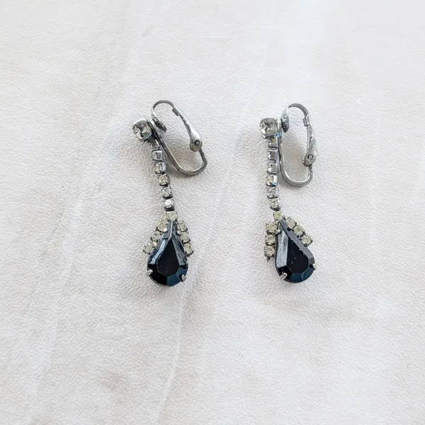 Vintage Clip On Earrings Clear Gems with Black Gem Drop Dangle Regal Stylish - Image 4
