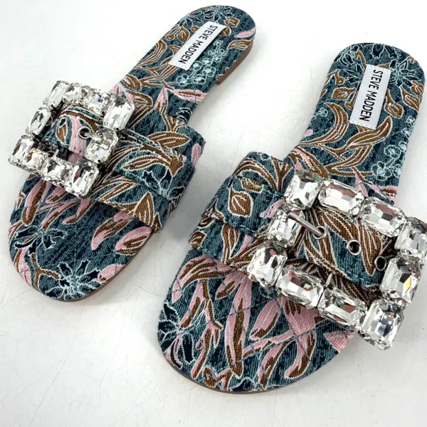 Steve Madden Marika Slide Sandals Si 7‎ Blue Floral Rhinestone Resort Vacatione - Image 2