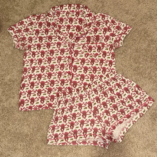 Roller Rabbit Pink Monkey Polo Pajama Short Sleeve Shirt and Shorts Set size Smal - Image 2