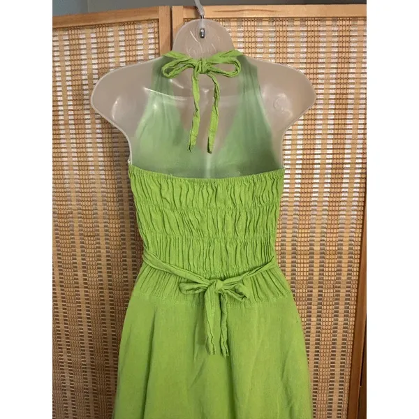 Boho Chic green crochet floral embroider halter cotton dress high low skirt sz S - Image 7