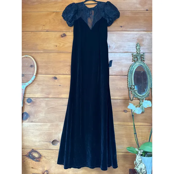 NWT Lulus Alluring Event Black Velvet Lace Puff Sleeve Maxi Dress Banquet Gala L - Image 2