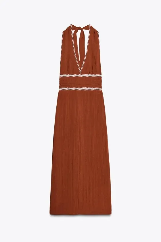 Zara Sleeveless V-Neck Brown Cotton Bohemian Maxi Dress - Image 4