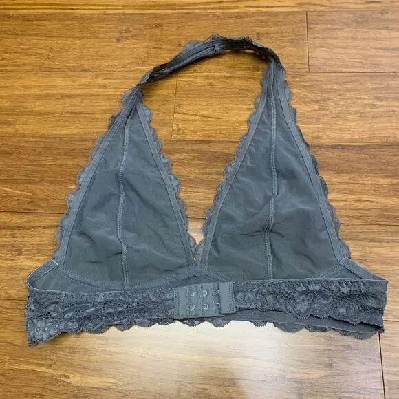 Free People Womens Small Bralette Gray Lace Halter Wireless Soft Cup Triangle‎ - Image 2