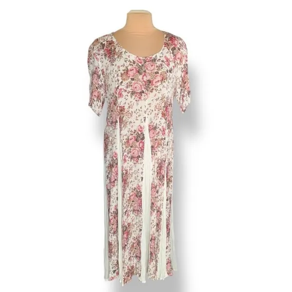 Vintage Floral Rayon Maxi Dress‎ Cream Pink Cottagecore Romantic Boho Medium - Image 12