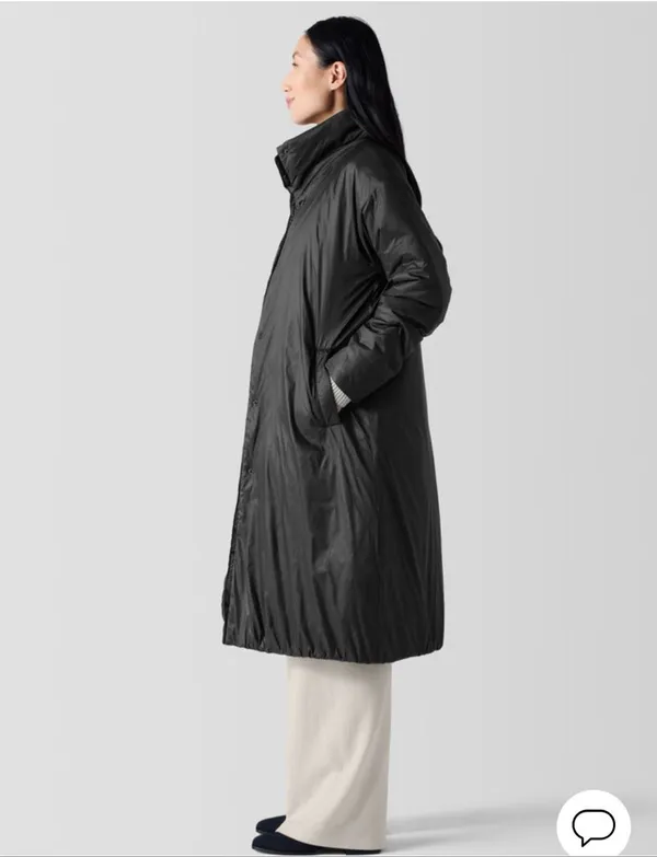 Eileen Fisher Long Down Puffer Coat Eggshell Gray Stand Collar Size L - Image 2