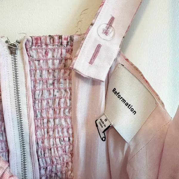 Reformation | Daria 100% Linen Basque Waist Floral Mini Dress in Rosin Pink - Image 7