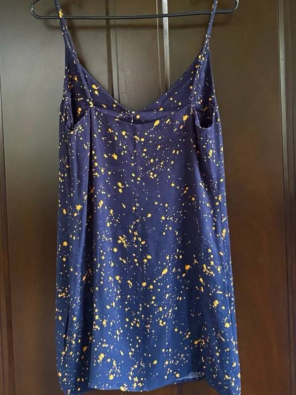 Reformation Mini Dress Navy Gold Splatter Size Large - Image 2