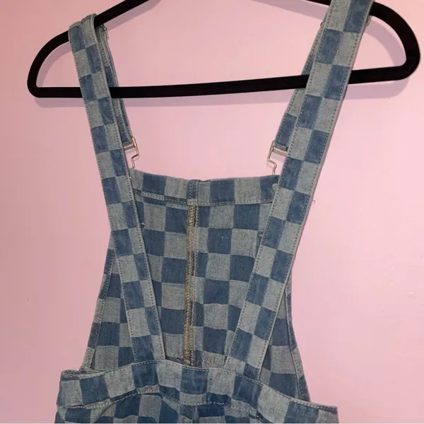 Pink Lily Checkered Denim Overalls Women XS Oversized Kidcore Artsy Maximalist - Image 6