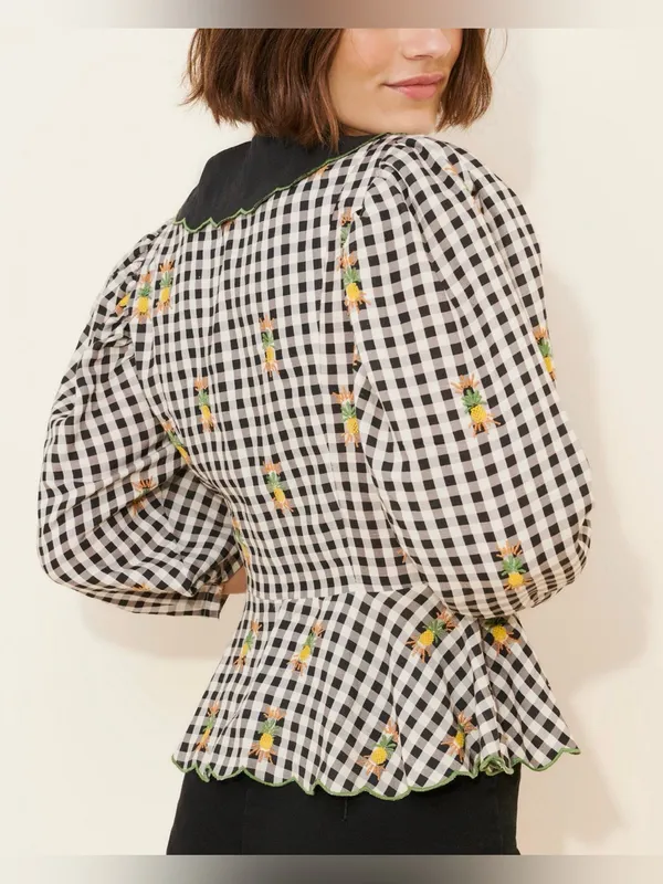 FARM Rio Linen Blend Gingham Embroidered Top - black - Large - Image 5
