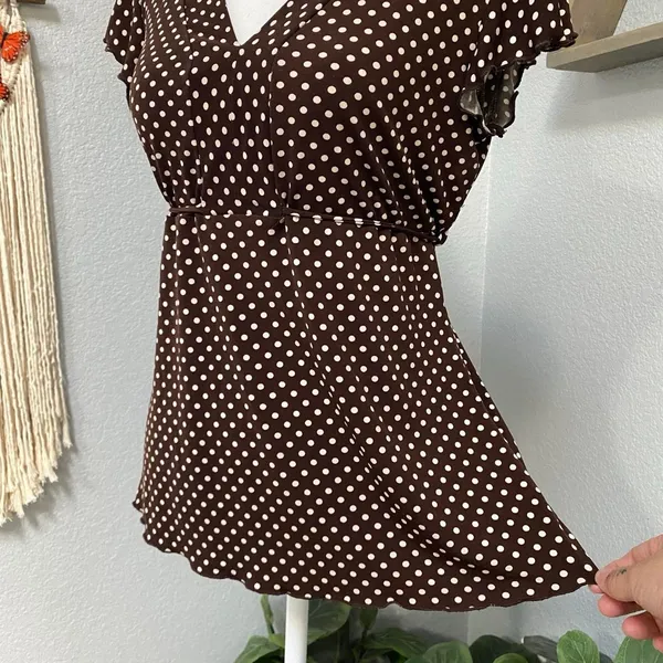 Jtb Brown Polka Dot Babydoll Tie Back Top Flutter Sleeves Cottagecore Dark Fairy - Image 3