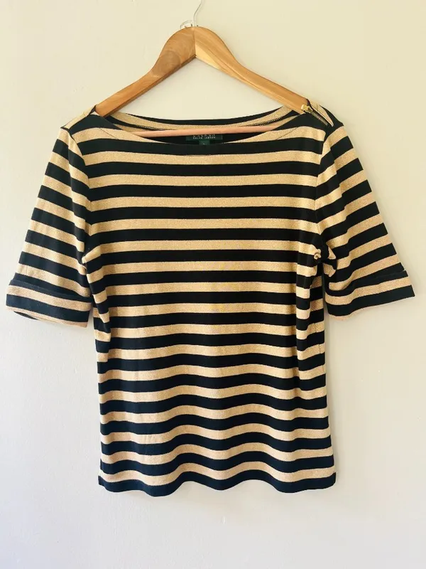 Lauren Ralph Lauren Sz M Gold Black Pullover Blouse Zipper Shoulder detailed - Image 2
