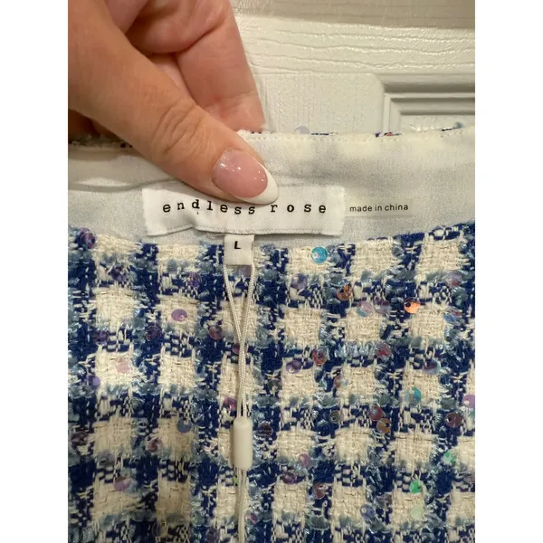 Tweed Sequined Mini Dress Blue White Check Womens L‎ - Image 4