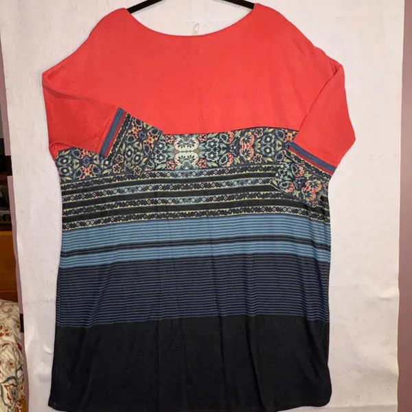 Free People Coral Boho Mixed Print Drop Shoulder Tunic knit 3/4 sleeve dress‎ M - Image 7