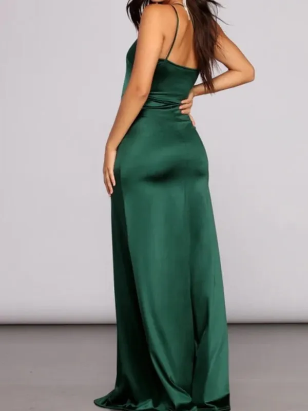 Windsor Emerald Green One-Shoulder Satin Gown with High Slit - Image 2