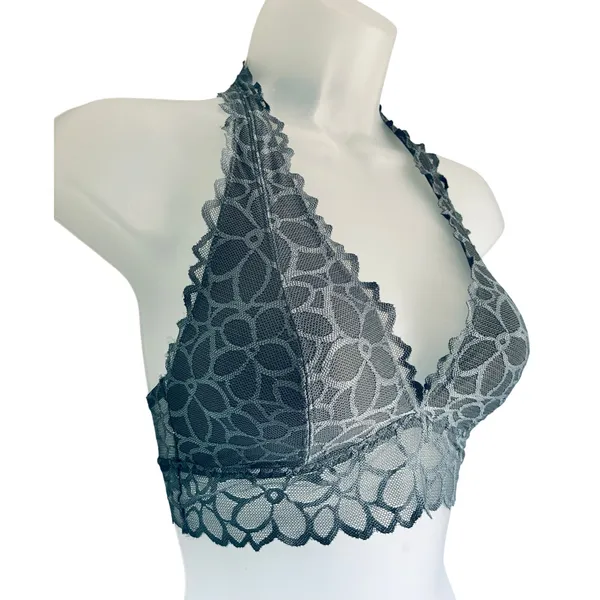 Victoria's Secret PINK Bralette Gray Lace Halter Floral Plunge Small - Image 2