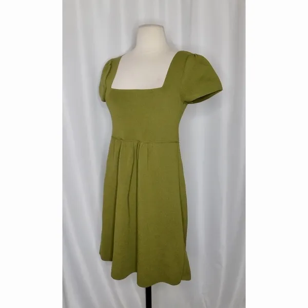 ZARA Squared Mini Babydoll Dress Puff Sleeves Solid Olive Green Knit Small - Image 5