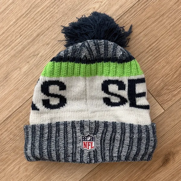 National Football League Seattle Seahawks Pom Beanie Hat - Navy, Gray & Neon Green - Image 2